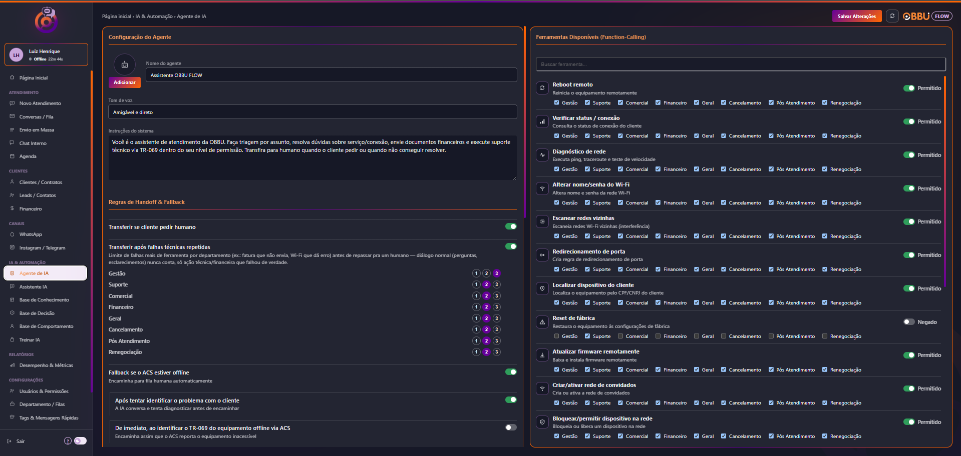 Agente de IA — configuração e ferramentas disponíveis (function-calling)