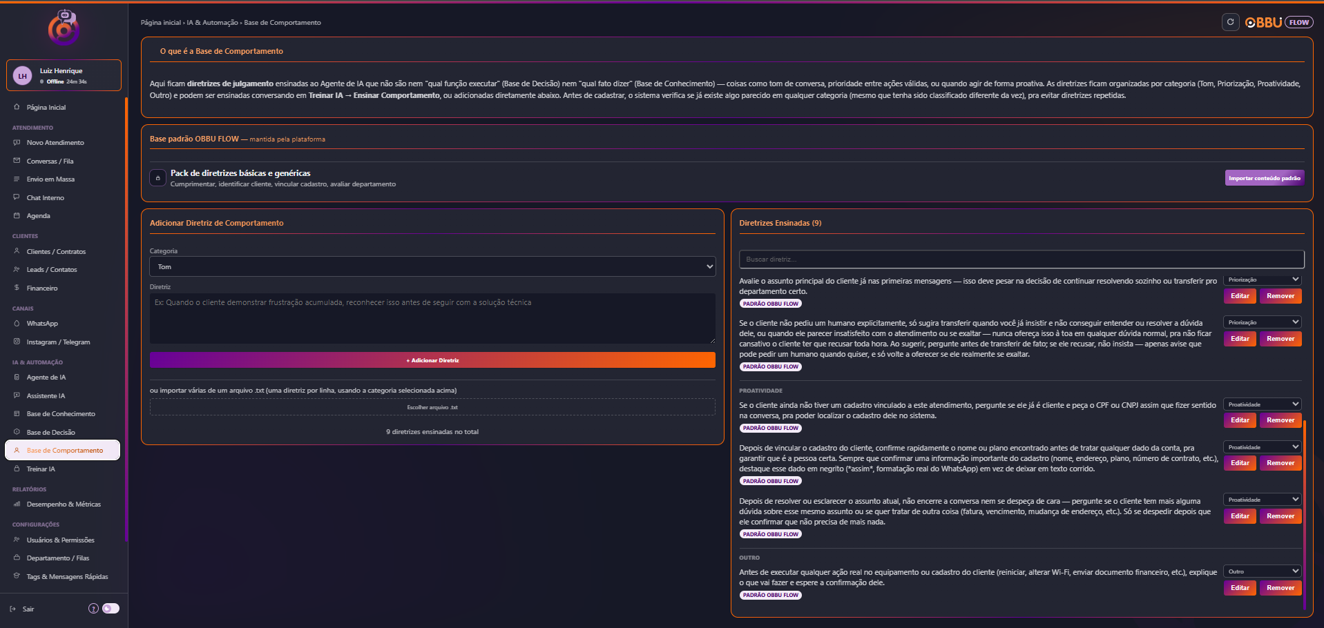 Base de Comportamento — diretrizes de tom e prioridade