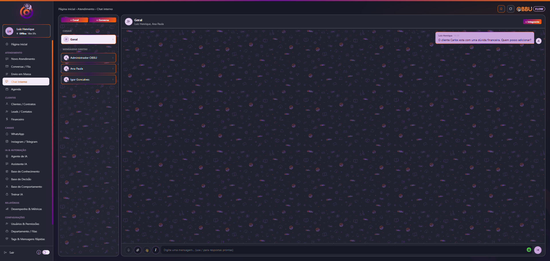 Chat Interno — canais e mensagens diretas entre a equipe