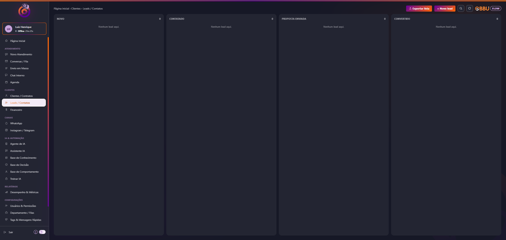 Leads / Contatos — quadro Kanban por estágio