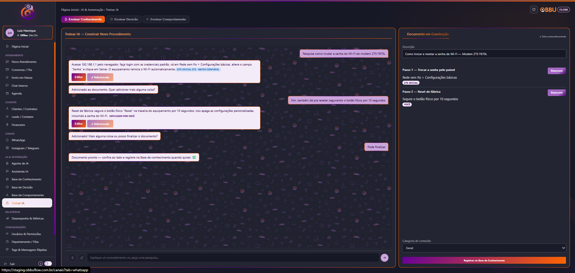 Treinar IA — construção de um novo procedimento por conversa